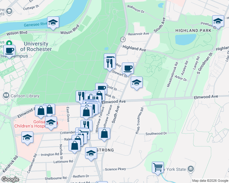 map of restaurants, bars, coffee shops, grocery stores, and more near 63 Langslow Street in Rochester