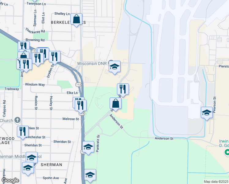 map of restaurants, bars, coffee shops, grocery stores, and more near 2424 American Lane in Madison