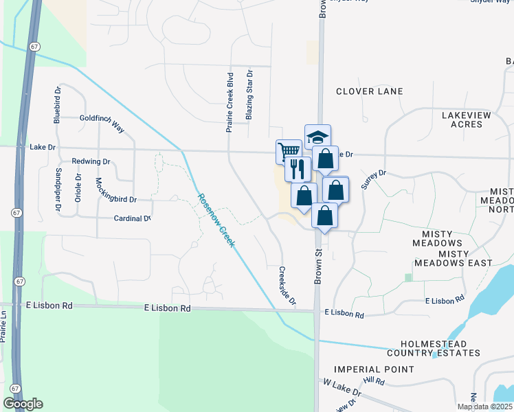 map of restaurants, bars, coffee shops, grocery stores, and more near 1215 Prairie Creek Boulevard in Oconomowoc