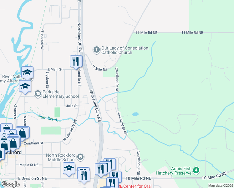 map of restaurants, bars, coffee shops, grocery stores, and more near 8860 Courtland Drive Northeast in Rockford