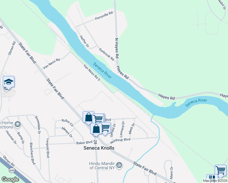 map of restaurants, bars, coffee shops, grocery stores, and more near 58 Van Ness Road South in Baldwinsville