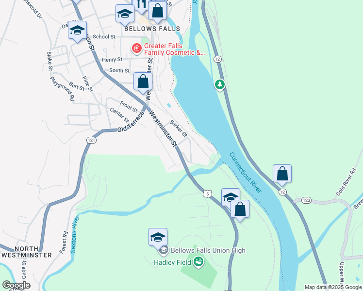 map of restaurants, bars, coffee shops, grocery stores, and more near 27 Barker Street in Town of Rockingham