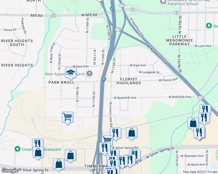 map of restaurants, bars, coffee shops, grocery stores, and more near 5951 North Lovers Lane Road in Milwaukee