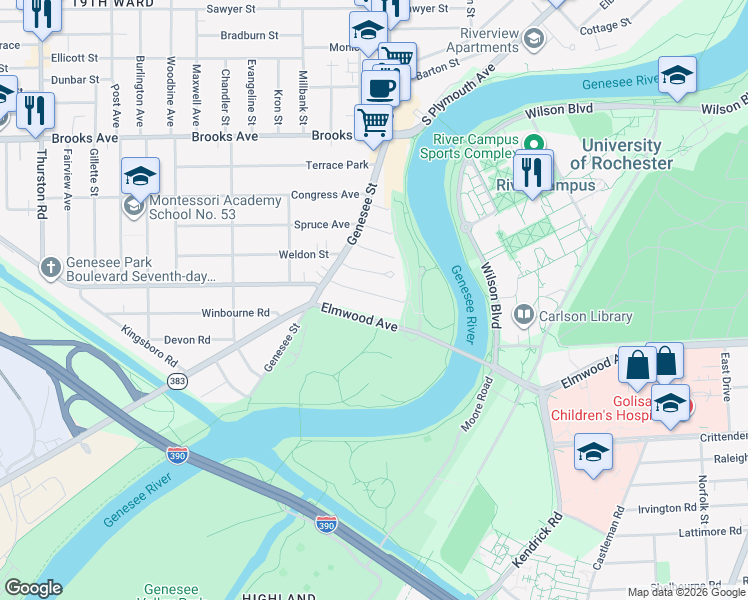 map of restaurants, bars, coffee shops, grocery stores, and more near 35 Brookscrest Way in Rochester
