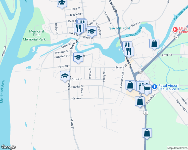 map of restaurants, bars, coffee shops, grocery stores, and more near 7 Willow Street in Allenstown