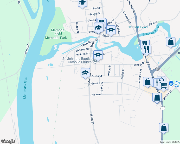 map of restaurants, bars, coffee shops, grocery stores, and more near 3 School Street in Allenstown