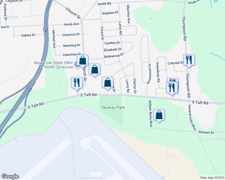 map of restaurants, bars, coffee shops, grocery stores, and more near 34 Trelign Drive in Syracuse