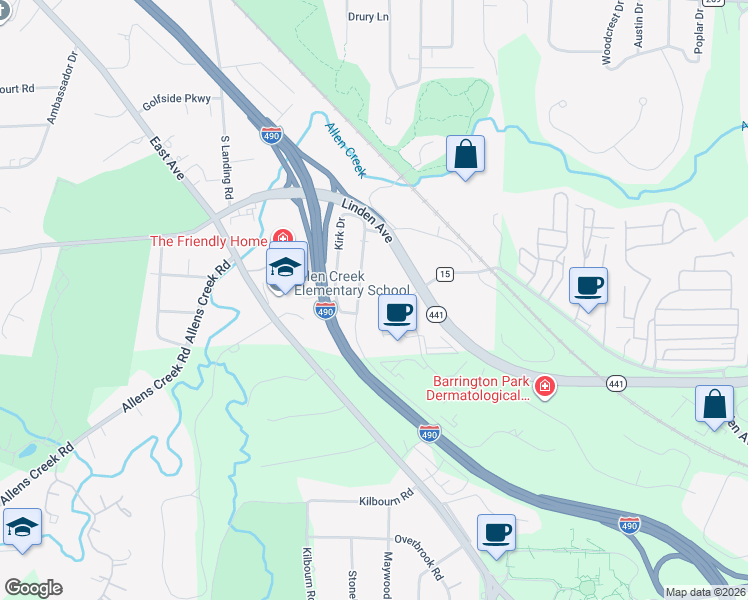 map of restaurants, bars, coffee shops, grocery stores, and more near 92 Astor Drive in Rochester