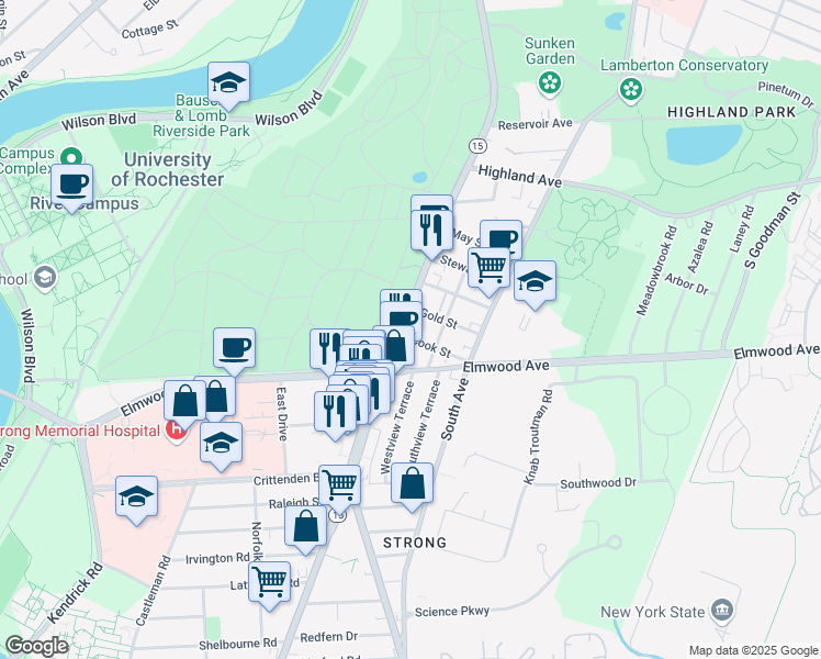 map of restaurants, bars, coffee shops, grocery stores, and more near 10 Gold Street in Rochester