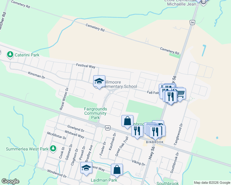 map of restaurants, bars, coffee shops, grocery stores, and more near 199 Fall Fair Way in Hamilton