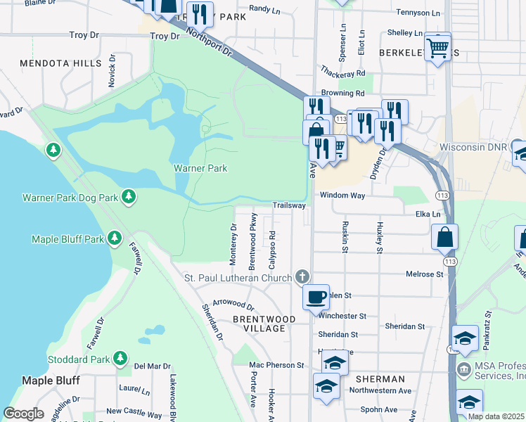 map of restaurants, bars, coffee shops, grocery stores, and more near 1501 Trailsway in Madison