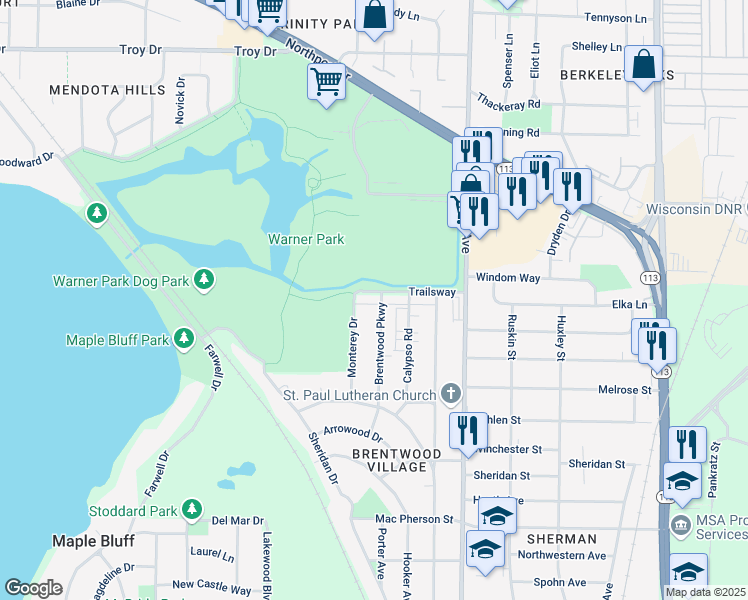 map of restaurants, bars, coffee shops, grocery stores, and more near 1501 Trailsway in Madison