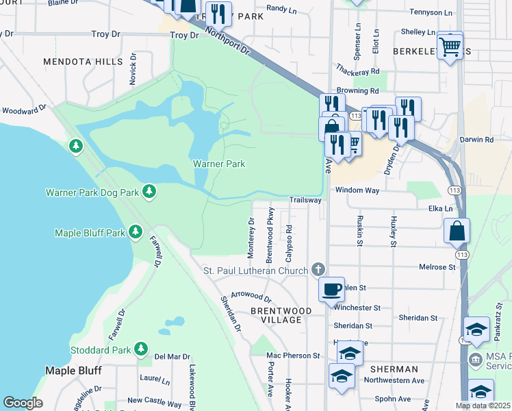 map of restaurants, bars, coffee shops, grocery stores, and more near 1401 Trailsway in Madison