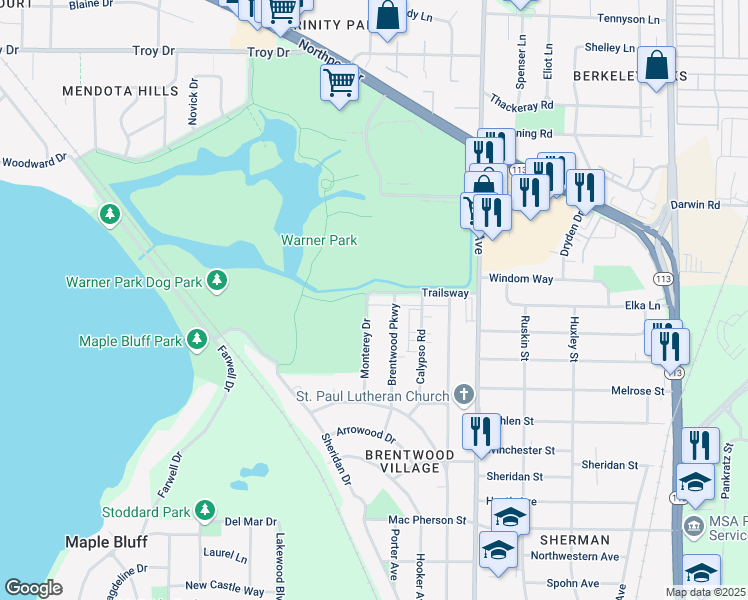 map of restaurants, bars, coffee shops, grocery stores, and more near 1401 Trailsway in Madison
