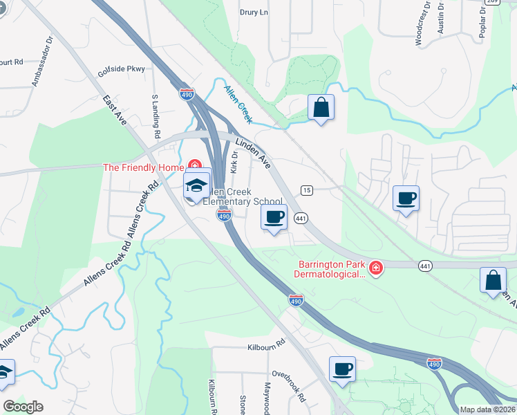 map of restaurants, bars, coffee shops, grocery stores, and more near 92 Astor Drive in Rochester
