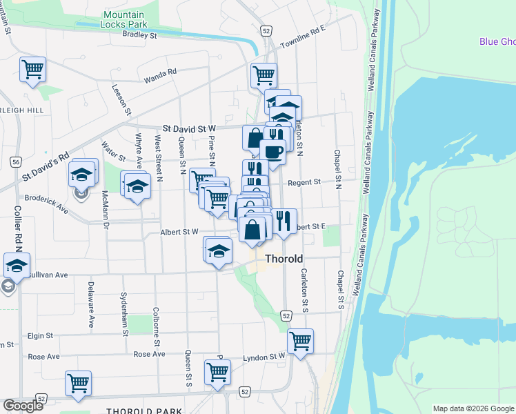 map of restaurants, bars, coffee shops, grocery stores, and more near 32 Front Street North in Thorold