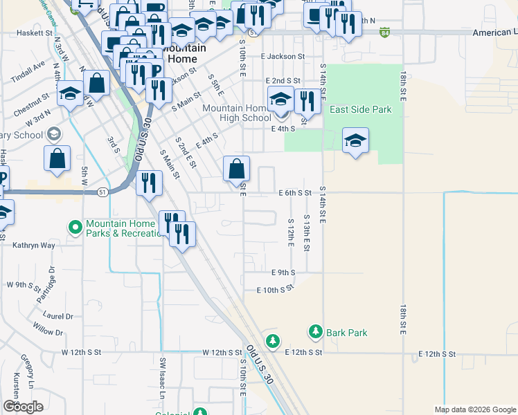 map of restaurants, bars, coffee shops, grocery stores, and more near 1062 Southeast Freedom Circle in Mountain Home