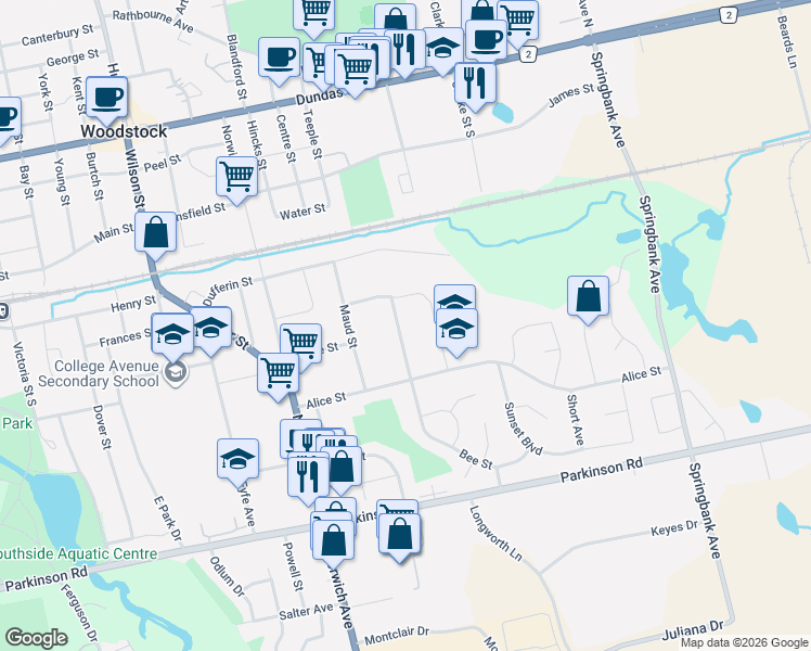 map of restaurants, bars, coffee shops, grocery stores, and more near 10 Aileen Drive in Woodstock