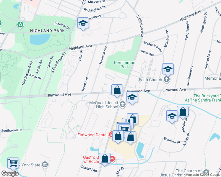 map of restaurants, bars, coffee shops, grocery stores, and more near 1600 Elmwood Avenue in Rochester