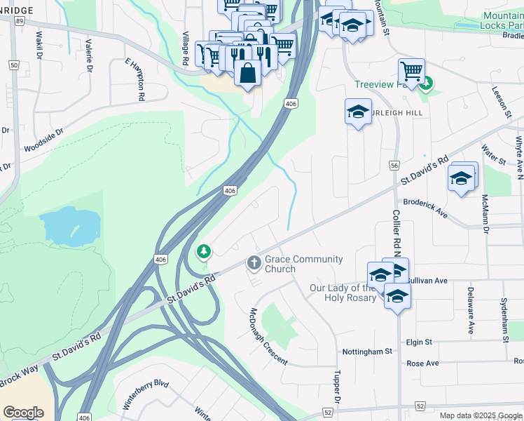 map of restaurants, bars, coffee shops, grocery stores, and more near 17 Barbican Trail in St. Catharines