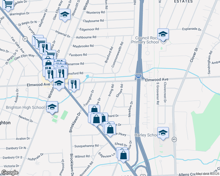 map of restaurants, bars, coffee shops, grocery stores, and more near 2919 Elmwood Avenue in Rochester
