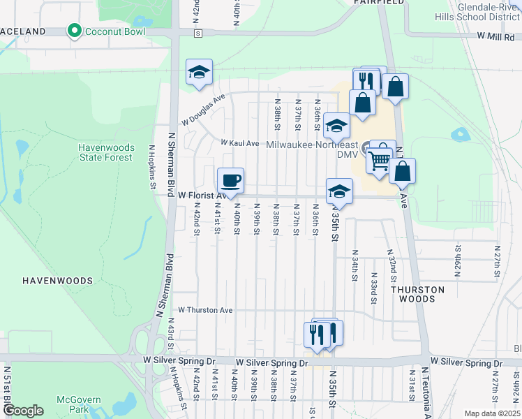 map of restaurants, bars, coffee shops, grocery stores, and more near 5973 North 38th Street in Milwaukee