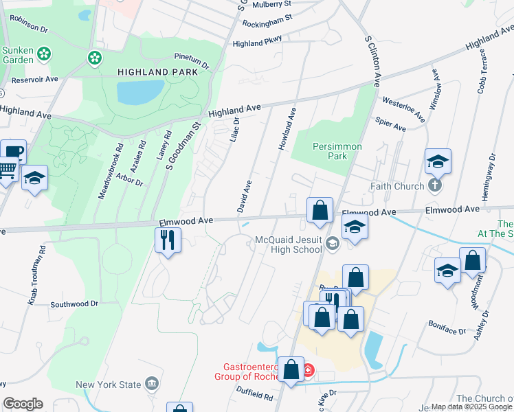 map of restaurants, bars, coffee shops, grocery stores, and more near 200 David Avenue in Rochester