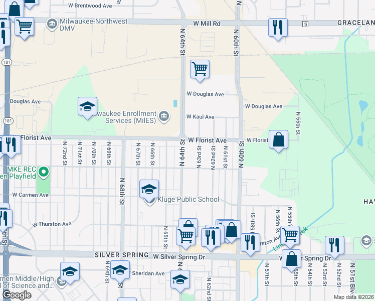 map of restaurants, bars, coffee shops, grocery stores, and more near 5975 North 63rd Street in Milwaukee