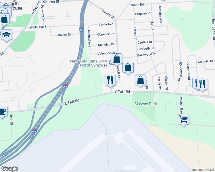 map of restaurants, bars, coffee shops, grocery stores, and more near 2 Bellevue Drive in North Syracuse