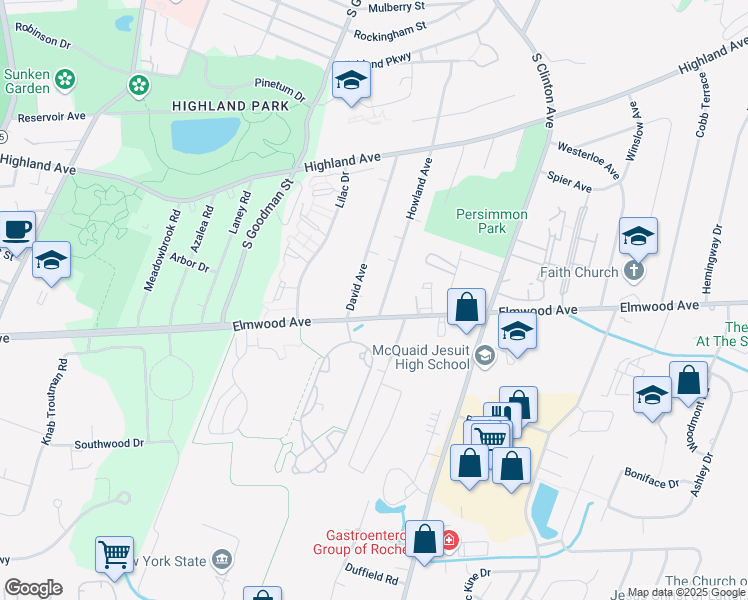 map of restaurants, bars, coffee shops, grocery stores, and more near 200 David Avenue in Rochester