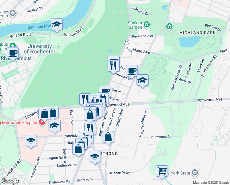 map of restaurants, bars, coffee shops, grocery stores, and more near 10 Gold Street in Rochester