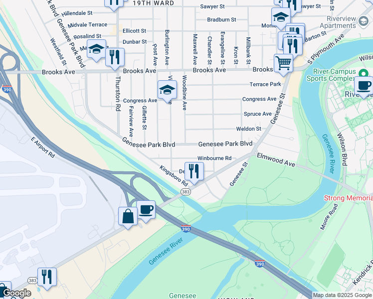 map of restaurants, bars, coffee shops, grocery stores, and more near 198 Genesee Park Boulevard in Rochester