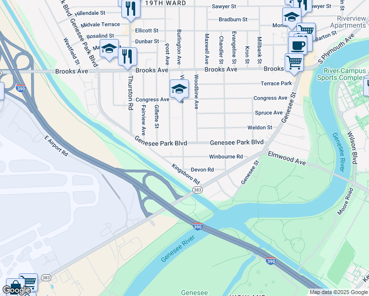 map of restaurants, bars, coffee shops, grocery stores, and more near 250 Genesee Park Boulevard in Rochester