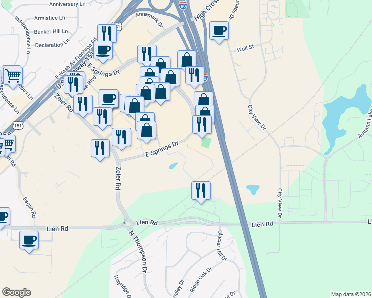 map of restaurants, bars, coffee shops, grocery stores, and more near 2015 East Springs Drive in Madison