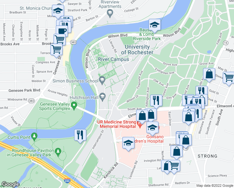 map of restaurants, bars, coffee shops, grocery stores, and more near 277 Hutchison Road in Rochester