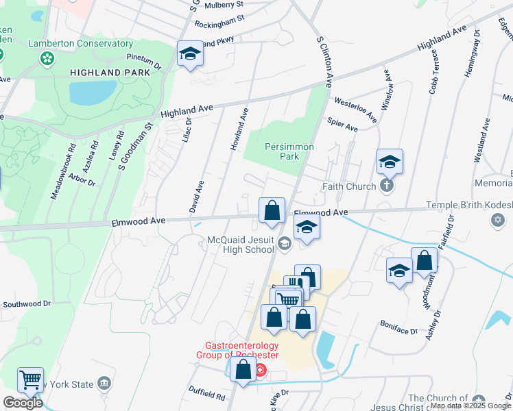 map of restaurants, bars, coffee shops, grocery stores, and more near 1600 Elmwood Avenue in Brighton