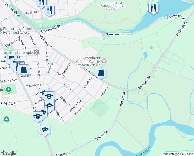 map of restaurants, bars, coffee shops, grocery stores, and more near 195 Mohawk Street in Brantford
