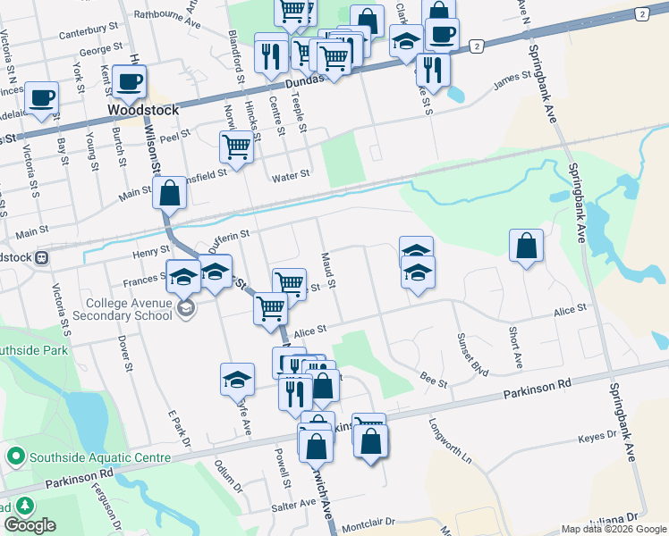 map of restaurants, bars, coffee shops, grocery stores, and more near 880 Isabel Street in Woodstock