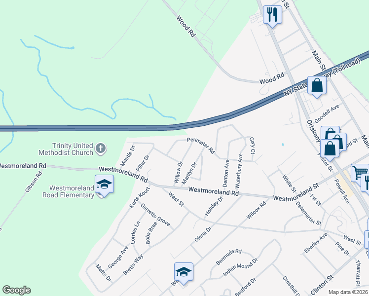 map of restaurants, bars, coffee shops, grocery stores, and more near 12 Perimeter Road in Whitesboro