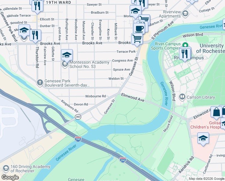 map of restaurants, bars, coffee shops, grocery stores, and more near 40 Genesee Park Boulevard in Rochester