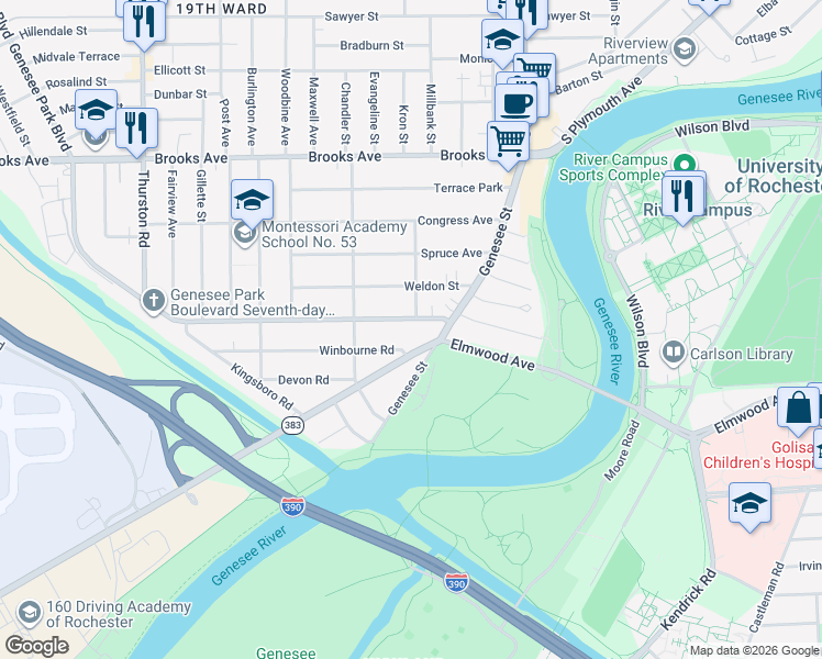 map of restaurants, bars, coffee shops, grocery stores, and more near 40 Genesee Park Boulevard in Rochester