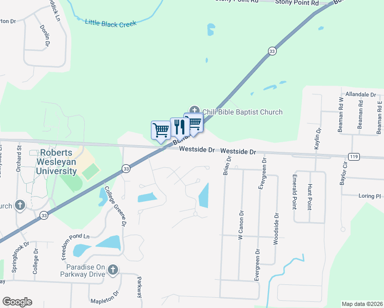 map of restaurants, bars, coffee shops, grocery stores, and more near 2171 Westside Drive in Rochester
