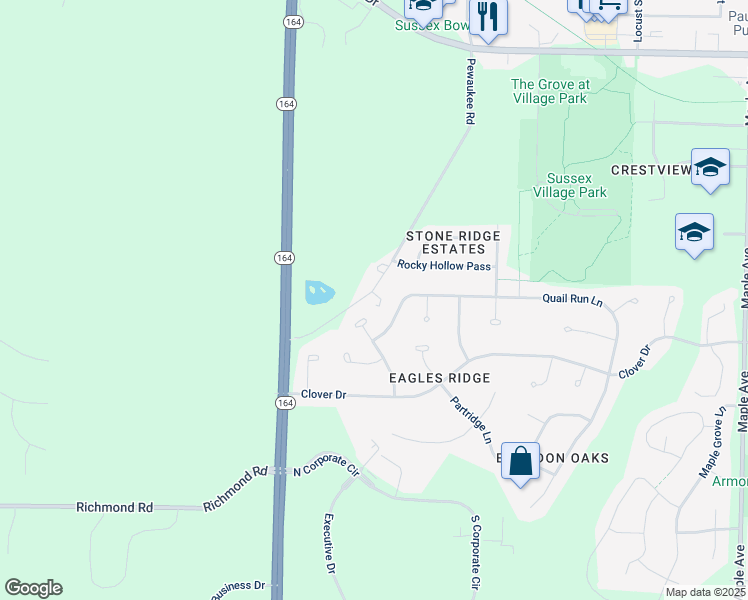 map of restaurants, bars, coffee shops, grocery stores, and more near W247N6063 Pewaukee Road in Sussex