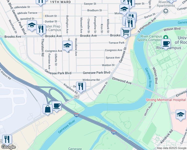 map of restaurants, bars, coffee shops, grocery stores, and more near 109 Genesee Park Boulevard in Rochester