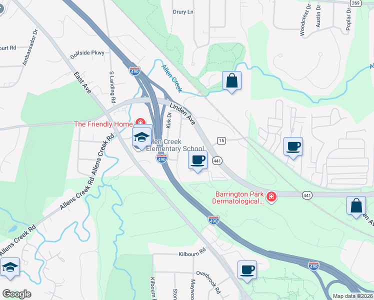 map of restaurants, bars, coffee shops, grocery stores, and more near 92 Astor Drive in Rochester
