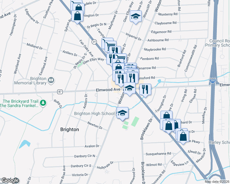 map of restaurants, bars, coffee shops, grocery stores, and more near 2602 Elmwood Avenue in Rochester