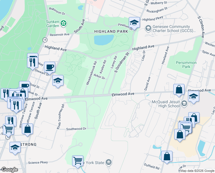 map of restaurants, bars, coffee shops, grocery stores, and more near 1219-1419 South Goodman Street in Rochester