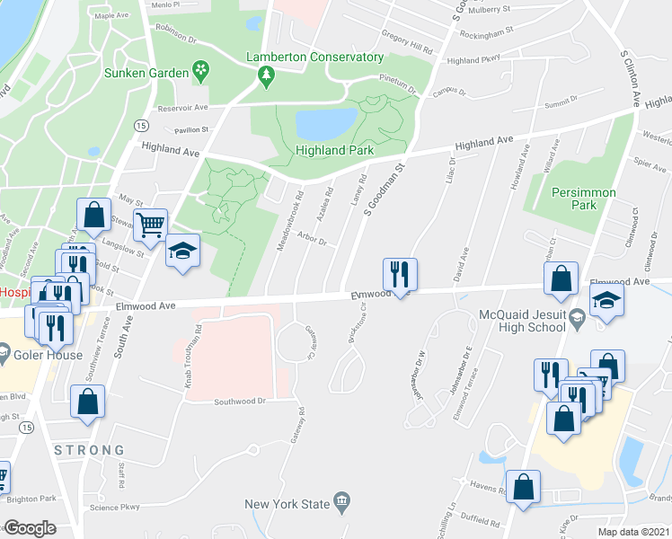 map of restaurants, bars, coffee shops, grocery stores, and more near 166 Laney Road in Rochester