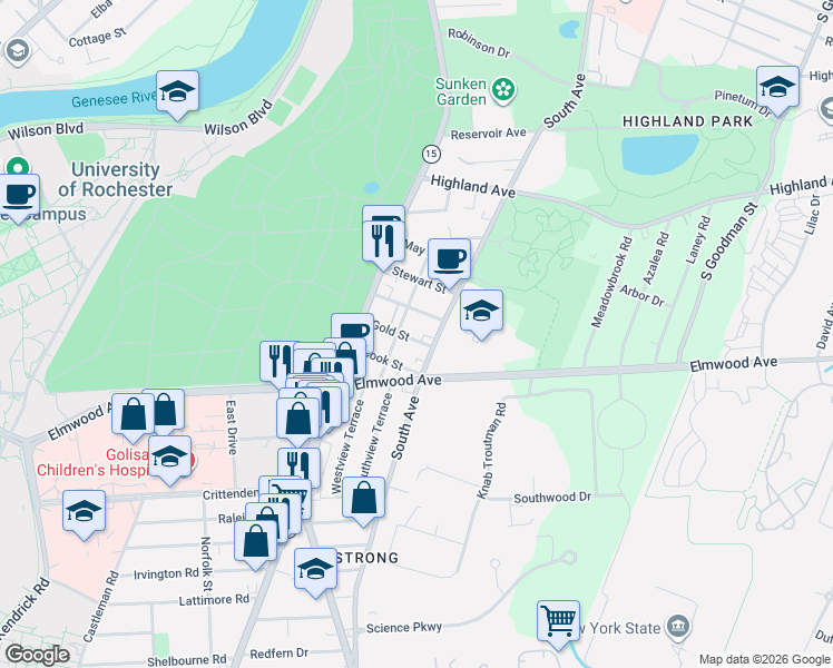 map of restaurants, bars, coffee shops, grocery stores, and more near 63 Langslow Street in Rochester