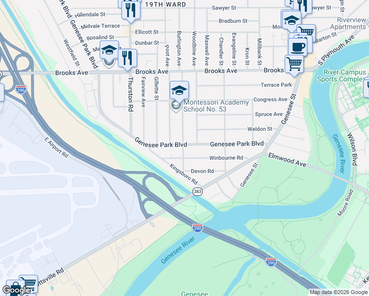 map of restaurants, bars, coffee shops, grocery stores, and more near 250 Genesee Park Boulevard in Rochester